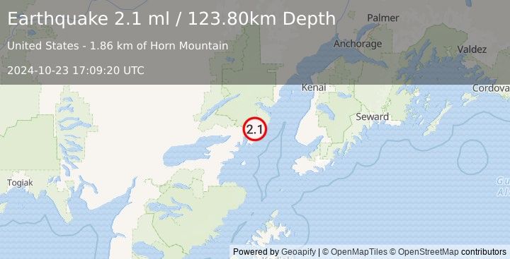 Earthquake 58 km ENE of Pedro Bay, Alaska (2.1 ml) (2024-10-23 17:09:20 UTC)