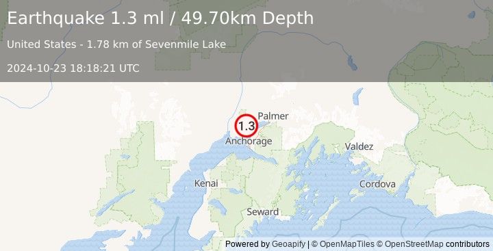 Earthquake 7 km S of Big Lake, Alaska (1.3 ml) (2024-10-23 18:18:21 UTC)