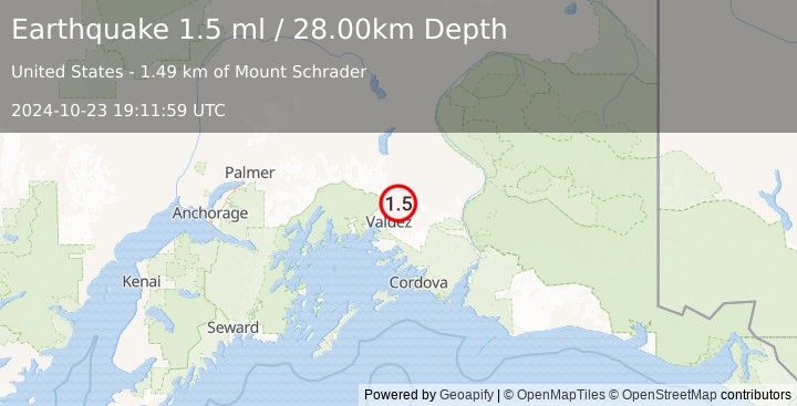 Earthquake 22 km NNE of Valdez, Alaska (1.5 ml) (2024-10-23 19:11:59 UTC)