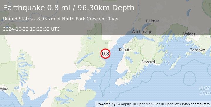 Earthquake 66 km NW of Ninilchik, Alaska (0.8 ml) (2024-10-23 19:23:32 UTC)