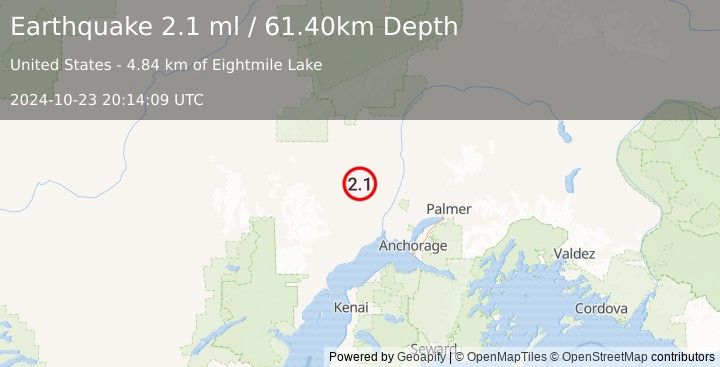 Earthquake 22 km SE of Skwentna, Alaska (2.1 ml) (2024-10-23 20:14:09 UTC)