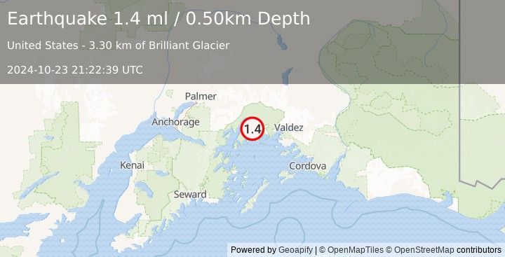 Earthquake 51 km WNW of Tatitlek, Alaska (1.4 ml) (2024-10-23 21:22:39 UTC)