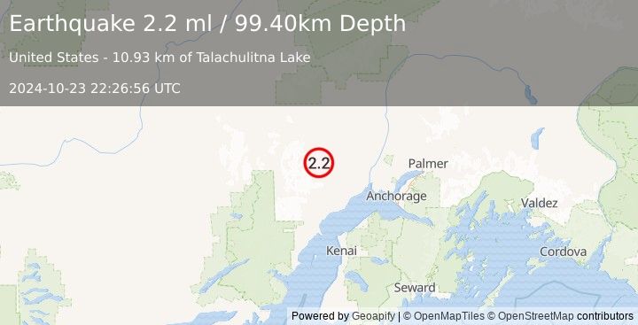 Earthquake 47 km SSW of Skwentna, Alaska (2.2 ml) (2024-10-23 22:26:56 UTC)