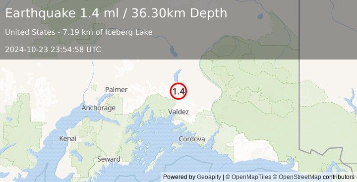 Earthquake 48 km N of Valdez, Alaska (1.4 ml) (2024-10-23 23:54:58 UTC)