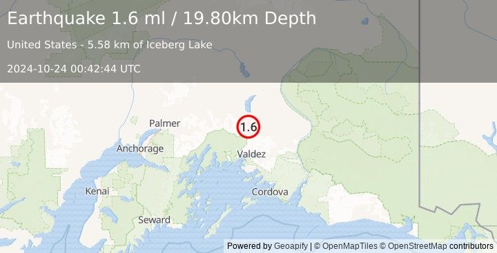 Earthquake 46 km N of Valdez, Alaska (1.6 ml) (2024-10-24 00:42:44 UTC)