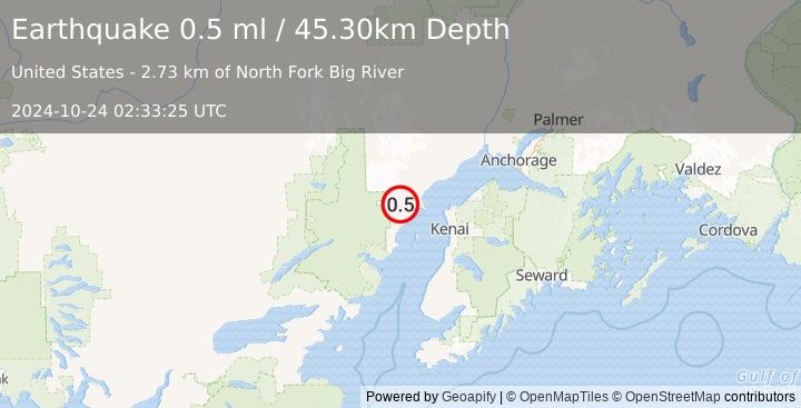 Earthquake 52 km WNW of Nikiski, Alaska (0.5 ml) (2024-10-24 02:33:25 UTC)