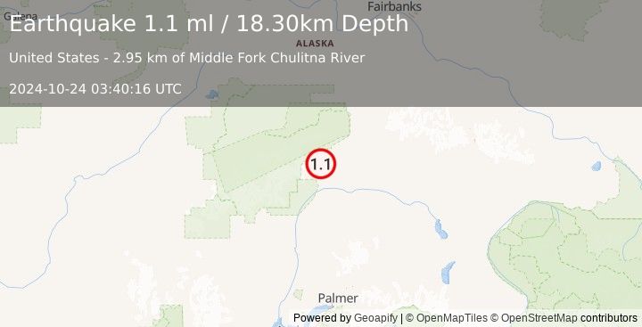 Earthquake 40 km SW of Cantwell, Alaska (1.1 ml) (2024-10-24 03:40:16 UTC)