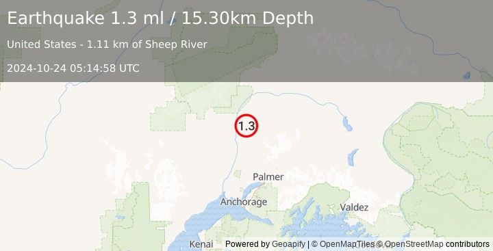 Earthquake 16 km ENE of Talkeetna, Alaska (1.3 ml) (2024-10-24 05:14:58 UTC)