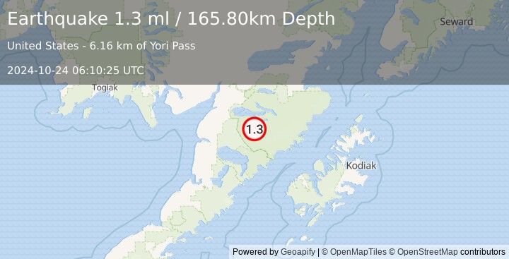 Earthquake 64 km ESE of King Salmon, Alaska (1.3 ml) (2024-10-24 06:10:25 UTC)