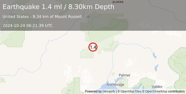 Earthquake 58 km WNW of Petersville, Alaska (1.4 ml) (2024-10-24 06:21:39 UTC)