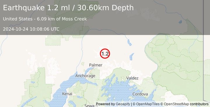 Earthquake 23 km N of Chickaloon, Alaska (1.2 ml) (2024-10-24 10:08:06 UTC)