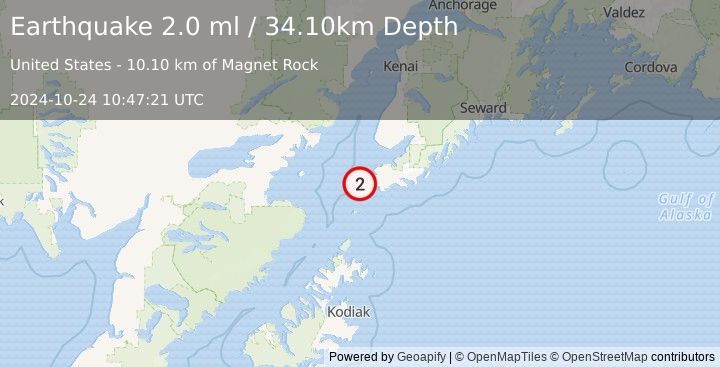 Earthquake 17 km SW of Nanwalek, Alaska (2.0 ml) (2024-10-24 10:47:21 UTC)