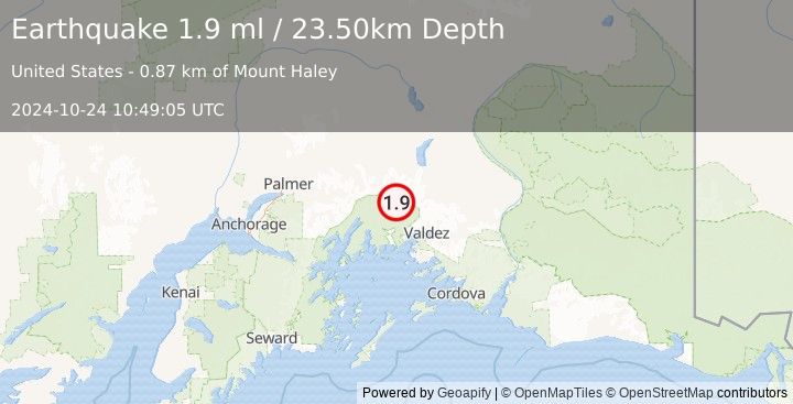 Earthquake 45 km NW of Valdez, Alaska (1.9 ml) (2024-10-24 10:49:05 UTC)