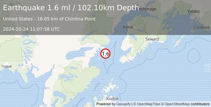 Earthquake 62 km WNW of Nanwalek, Alaska (1.6 ml) (2024-10-24 11:07:58 UTC)