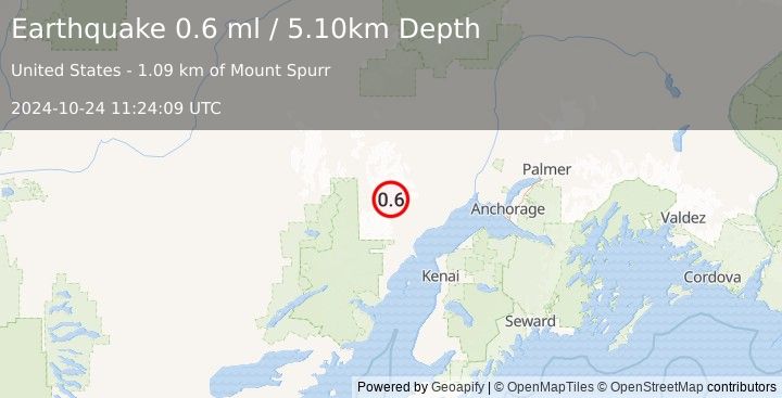 Earthquake 66 km WNW of Beluga, Alaska (0.6 ml) (2024-10-24 11:24:09 UTC)