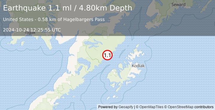 Earthquake 71 km N of Karluk, Alaska (1.1 ml) (2024-10-24 12:25:55 UTC)