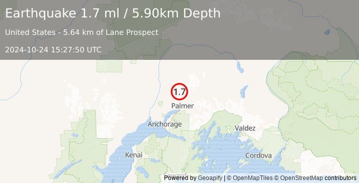 Earthquake 16 km N of Fishhook, Alaska (1.7 ml) (2024-10-24 15:27:50 UTC)