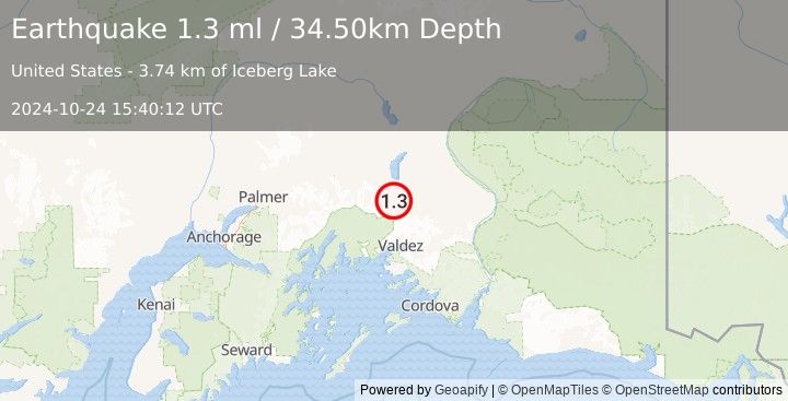 Earthquake 48 km N of Valdez, Alaska (1.3 ml) (2024-10-24 15:40:12 UTC)