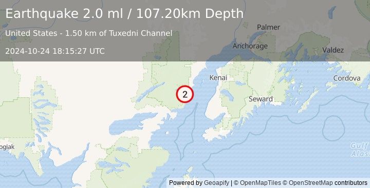 Earthquake 58 km WNW of Ninilchik, Alaska (2.0 ml) (2024-10-24 18:15:27 UTC)