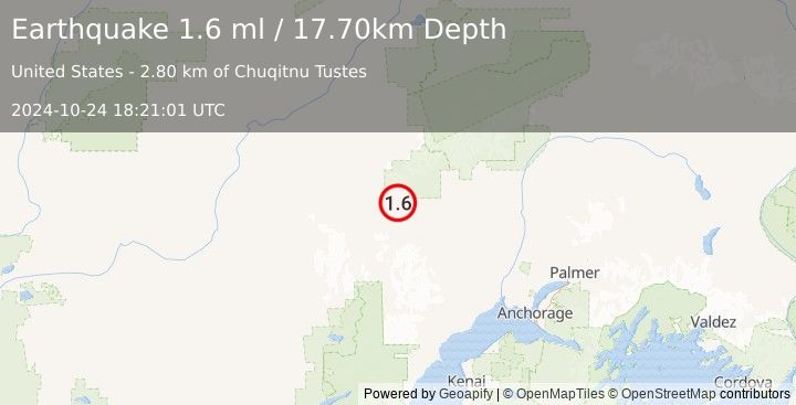 Earthquake 70 km WNW of Skwentna, Alaska (1.6 ml) (2024-10-24 18:21:01 UTC)