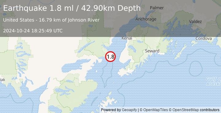 Earthquake 35 km WNW of Anchor Point, Alaska (1.8 ml) (2024-10-24 18:25:49 UTC)