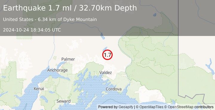 Earthquake 38 km SSE of Mendeltna, Alaska (1.7 ml) (2024-10-24 18:34:05 UTC)