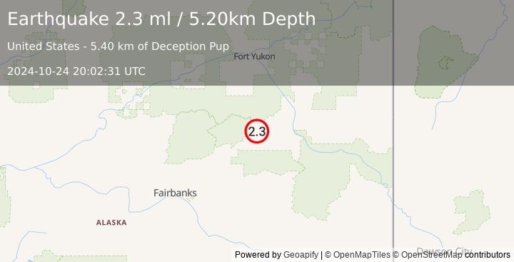 Earthquake 19 km WNW of Central, Alaska (2.3 ml) (2024-10-24 20:02:31 UTC)