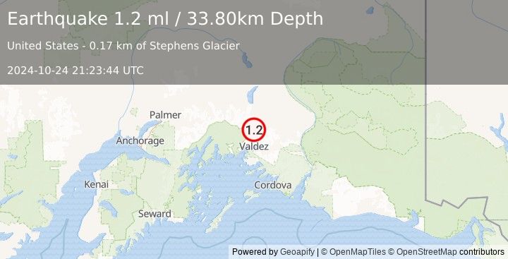 Earthquake 27 km N of Valdez, Alaska (1.2 ml) (2024-10-24 21:23:44 UTC)