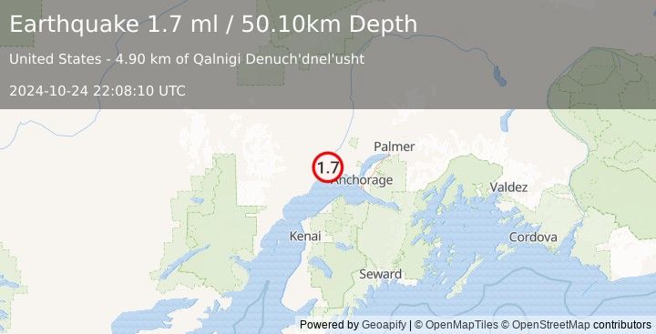 Earthquake 22 km SSW of Susitna, Alaska (1.7 ml) (2024-10-24 22:08:10 UTC)