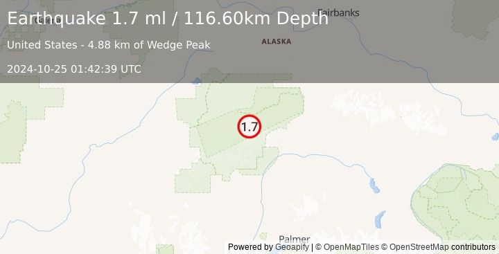 Earthquake 68 km ESE of Denali National Park, Alaska (1.7 ml) (2024-10-25 01:42:39 UTC)