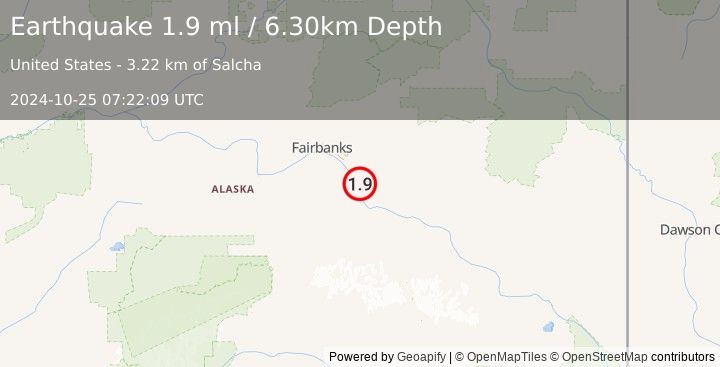 Earthquake 3 km SSE of Salcha, Alaska (1.9 ml) (2024-10-25 07:22:09 UTC)