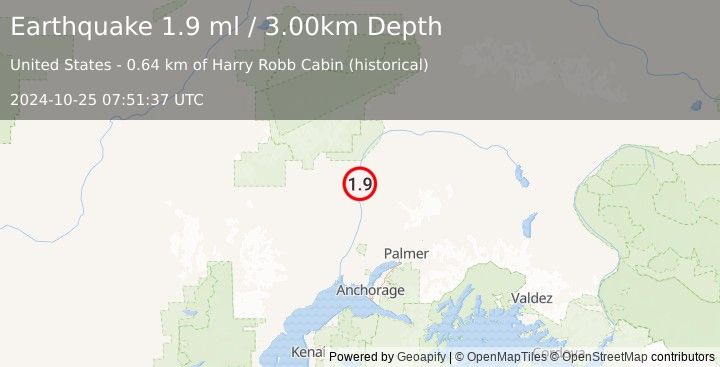 Earthquake 1 km WSW of Talkeetna, Alaska (1.9 ml) (2024-10-25 07:51:37 UTC)