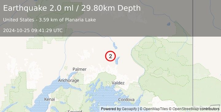 Earthquake 8 km NW of Nelchina, Alaska (2.0 ml) (2024-10-25 09:41:29 UTC)