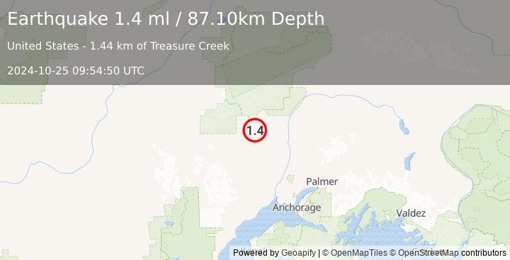 Earthquake 27 km SW of Petersville, Alaska (1.4 ml) (2024-10-25 09:54:50 UTC)