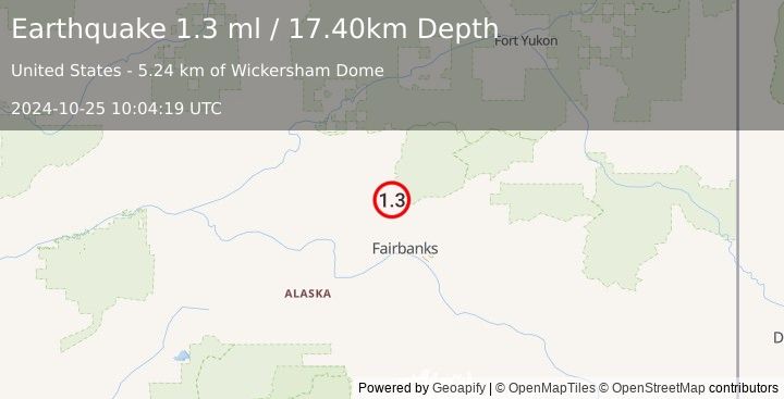 Earthquake 36 km NNW of Fox, Alaska (1.3 ml) (2024-10-25 10:04:19 UTC)