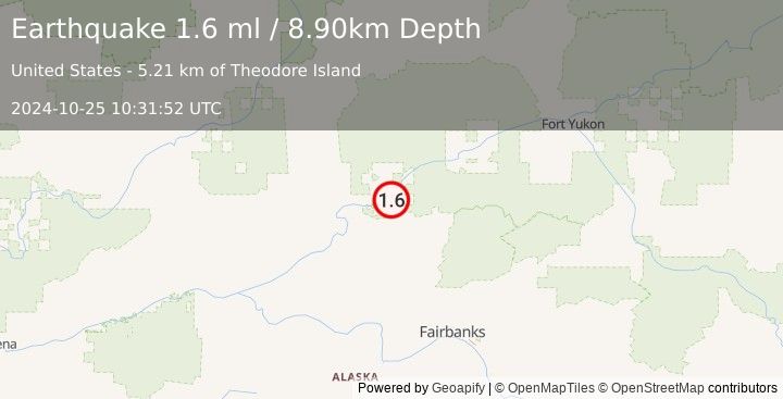 Earthquake 9 km SE of Stevens Village, Alaska (1.6 ml) (2024-10-25 10:31:52 UTC)