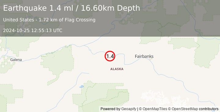 Earthquake 28 km SE of Manley Hot Springs, Alaska (1.4 ml) (2024-10-25 12:55:13 UTC)