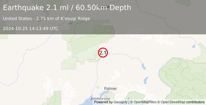 Earthquake 53 km NNE of Chase, Alaska (2.1 ml) (2024-10-25 14:13:49 UTC)