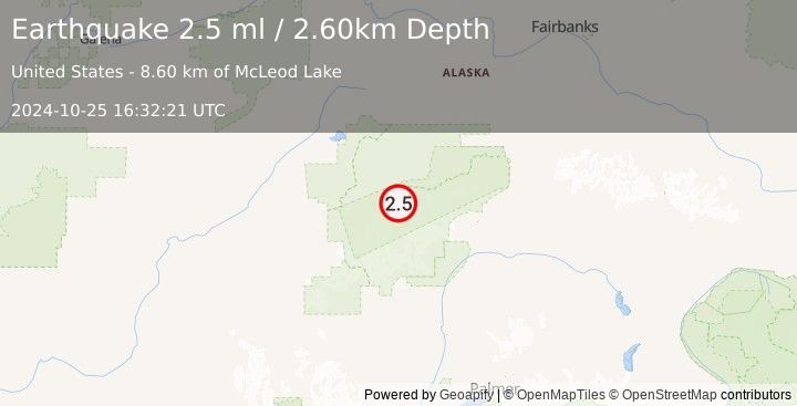 Earthquake 44 km SE of Denali National Park, Alaska (2.5 ml) (2024-10-25 16:32:21 UTC)