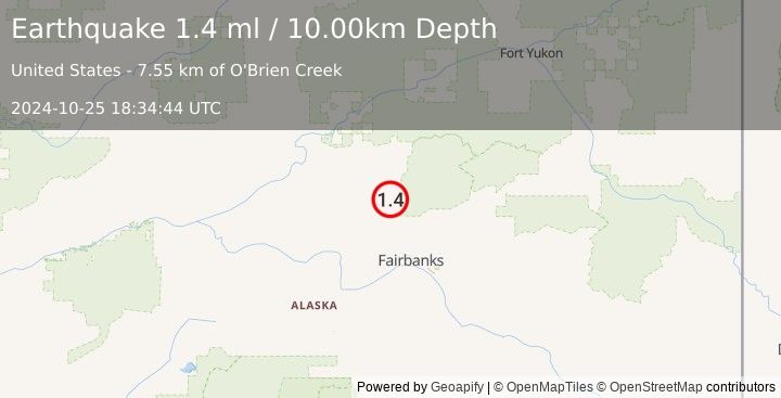 Earthquake 26 km SE of Livengood, Alaska (1.4 ml) (2024-10-25 18:34:44 UTC)