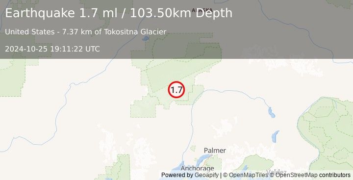 Earthquake 40 km N of Petersville, Alaska (1.7 ml) (2024-10-25 19:11:22 UTC)