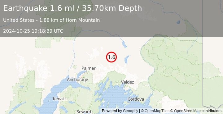 Earthquake 16 km WNW of Eureka Roadhouse, Alaska (1.6 ml) (2024-10-25 19:18:39 UTC)