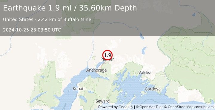 Earthquake 2 km NNE of Buffalo Soapstone, Alaska (1.9 ml) (2024-10-25 23:03:50 UTC)