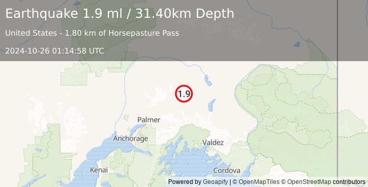 Earthquake 31 km NW of Eureka Roadhouse, Alaska (1.9 ml) (2024-10-26 01:14:58 UTC)