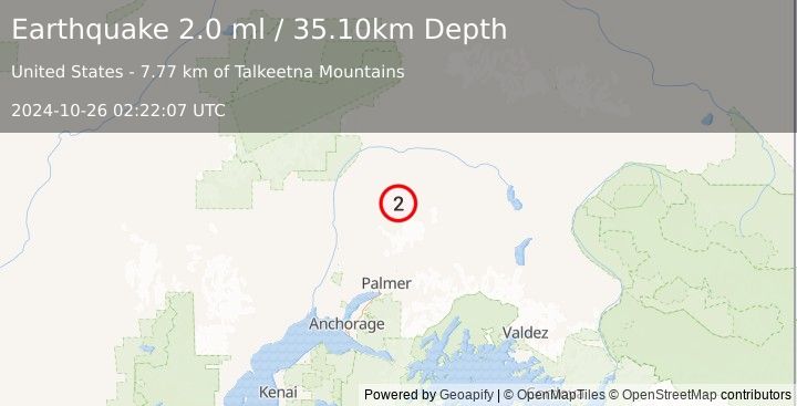 Earthquake 55 km ENE of Susitna North, Alaska (2.0 ml) (2024-10-26 02:22:07 UTC)