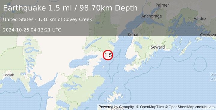 Earthquake 57 km E of Pedro Bay, Alaska (1.5 ml) (2024-10-26 04:13:21 UTC)