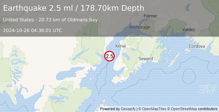 Earthquake 27 km NW of Ninilchik, Alaska (2.5 ml) (2024-10-26 04:36:01 UTC)