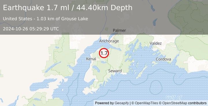 Earthquake 28 km SE of Point Possession, Alaska (1.7 ml) (2024-10-26 05:29:29 UTC)