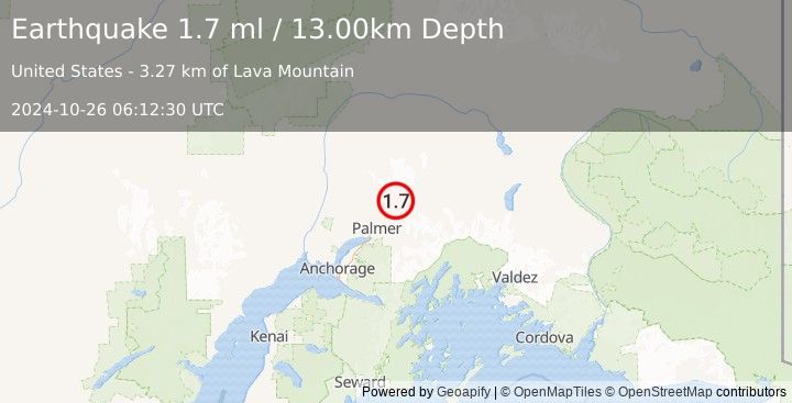 Earthquake 8 km NNE of Sutton-Alpine, Alaska (1.7 ml) (2024-10-26 06:12:30 UTC)