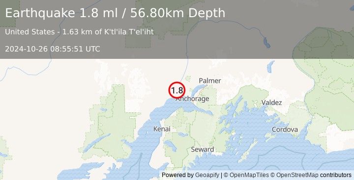 Earthquake 16 km SSW of Susitna, Alaska (1.8 ml) (2024-10-26 08:55:51 UTC)